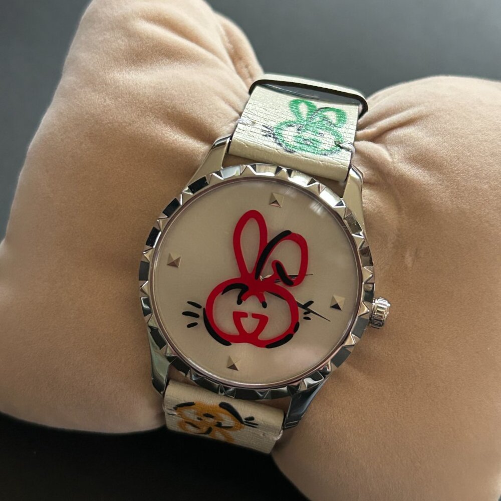Gucci Cream Leather Watch with Red Bunny Motif